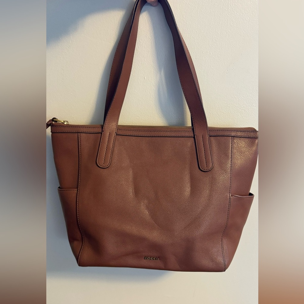 Brown leather 2 handle Fossil Tote Bag